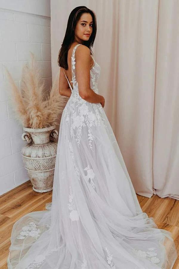 A-line V Neck Tulle Lace Appliques Romantic Wedding Dress Bridal Gown (ZD15296)