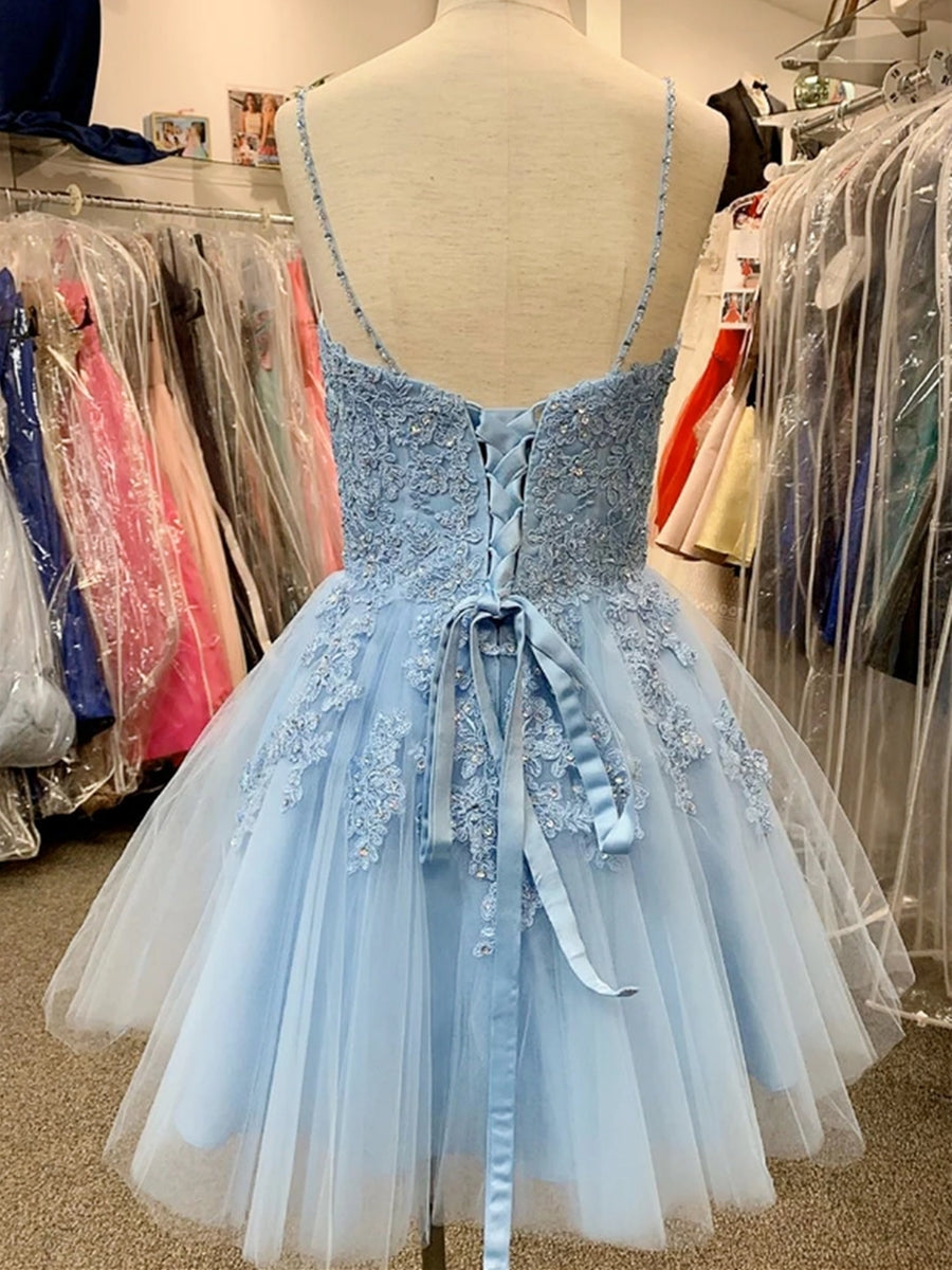 A Line V Neck Tulle Lace Appliques Short Prom Homecoming Dresses - View 2 | VelvetHem