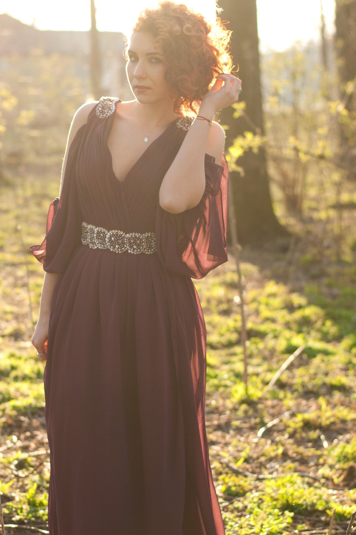 A-Line V-Neck Wide Strap Floor-Length Chiffon Rhinestone Evening Dress