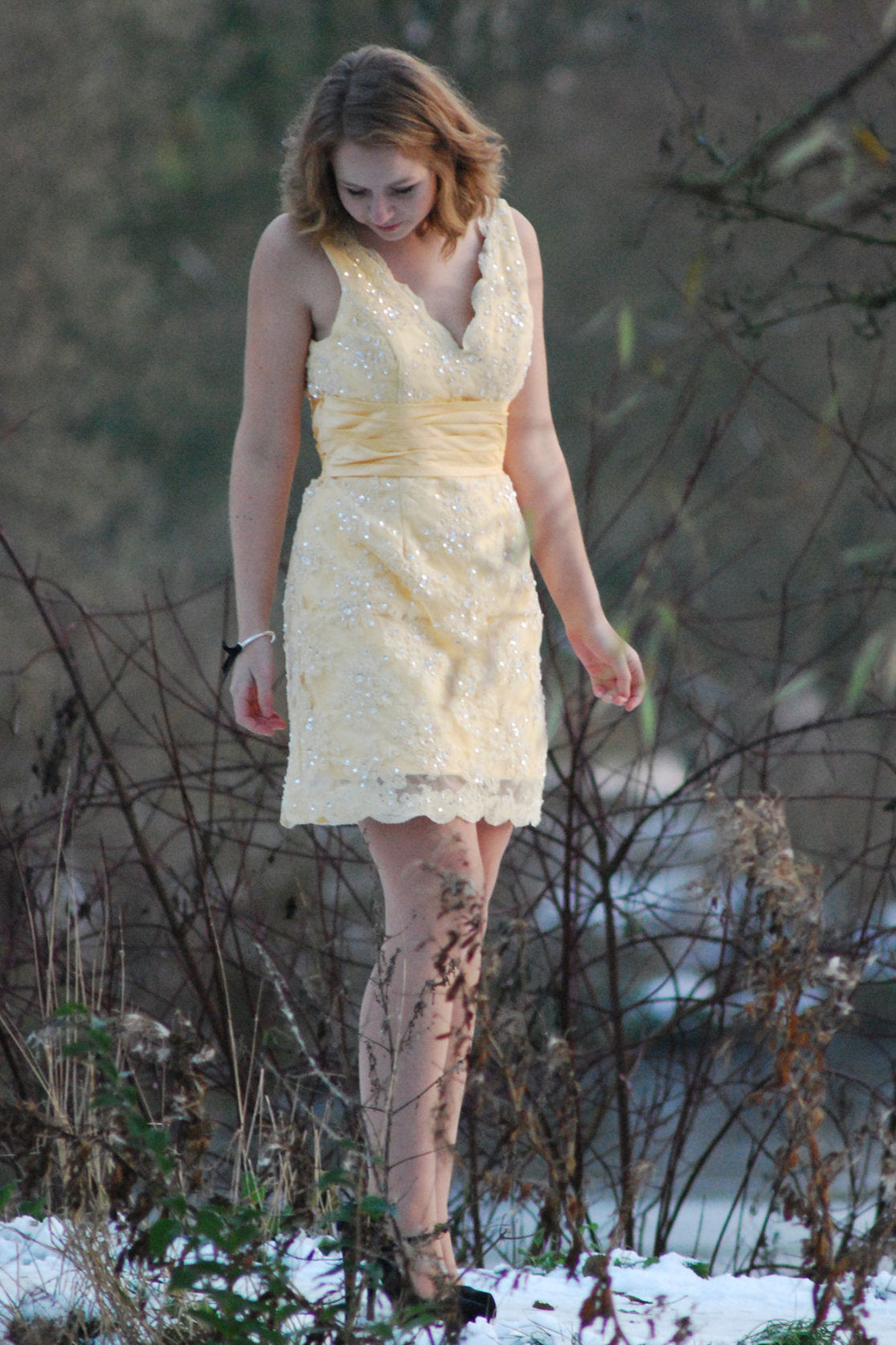 A-Line V-Neck Wide Strap Knee Length Organza Lace Rhinestone Prom Dress