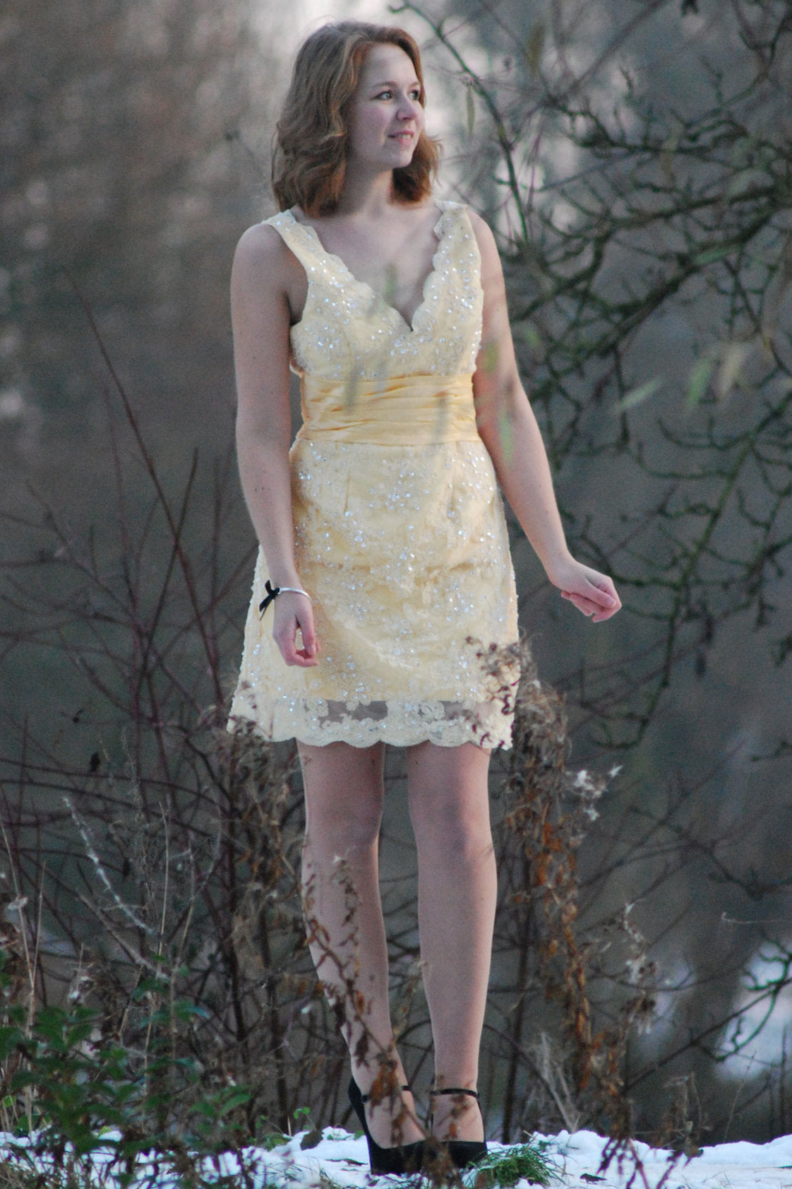 A-Line V-Neck Wide Strap Knee Length Organza Lace Rhinestone Prom Dress