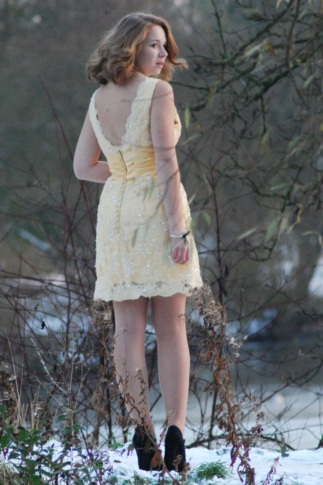 A-Line V-Neck Wide Strap Knee Length Organza Lace Rhinestone Prom Dress