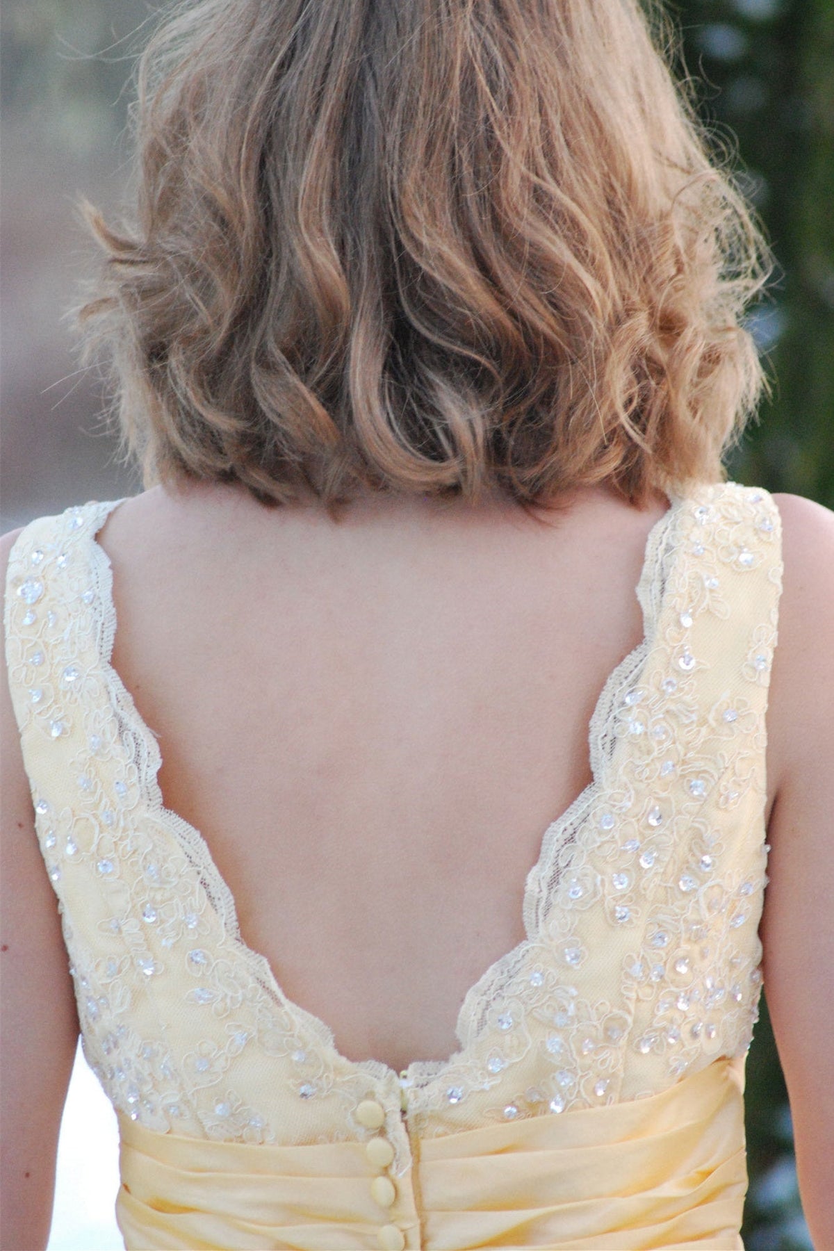 A-Line V-Neck Wide Strap Knee Length Organza Lace Rhinestone Prom Dress