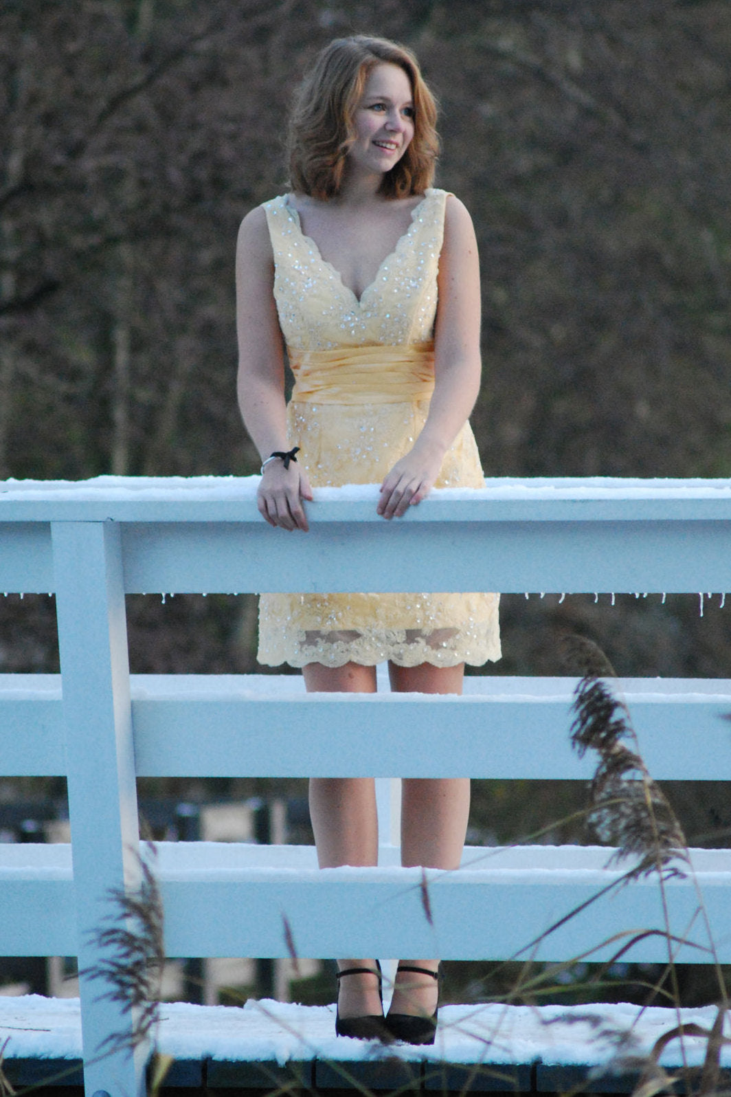 A-Line V-Neck Wide Strap Knee Length Organza Lace Rhinestone Prom Dress