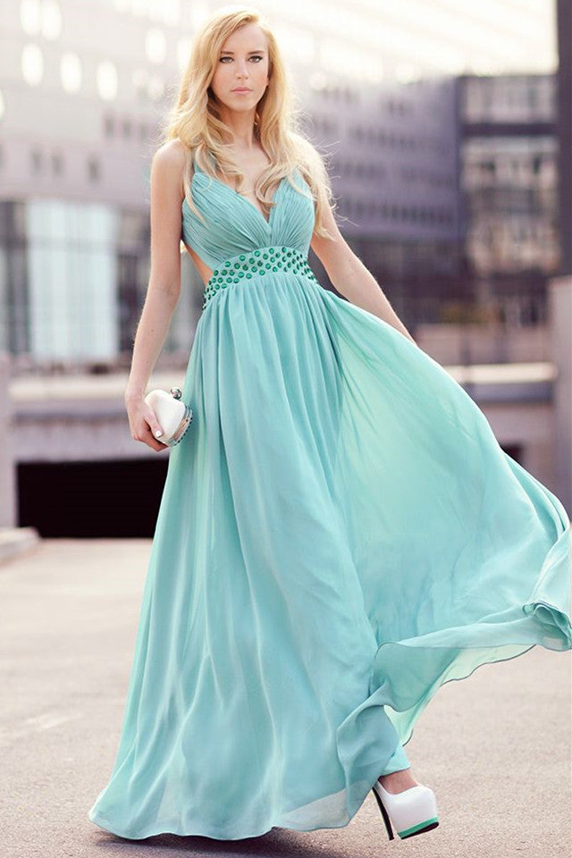 A-Line V-Neck Wide Straps Sleeveless Floor-Length Backless Chiffon Evening Dress