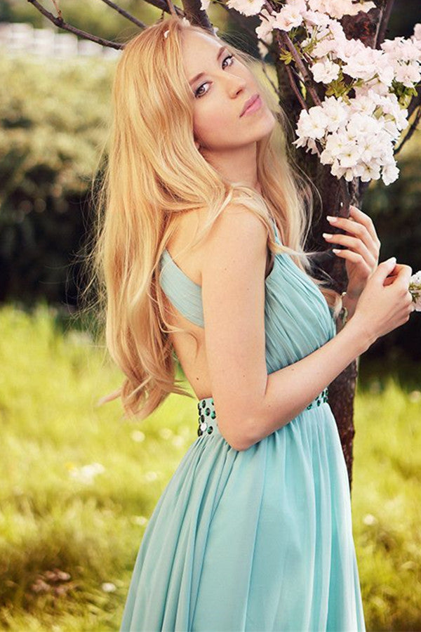 A-Line V-Neck Wide Straps Sleeveless Floor-Length Backless Chiffon Evening Dress