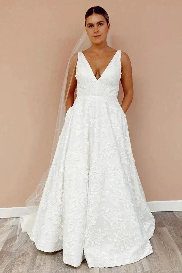 A Line V Neckline Floral Lace Illustion Back Court Train Wedding Dress (ZD15291)