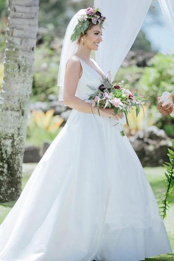 A Line V Neckline Pleated Waistband Simple Satin Wedding Bridal Dress (ZD15294)
