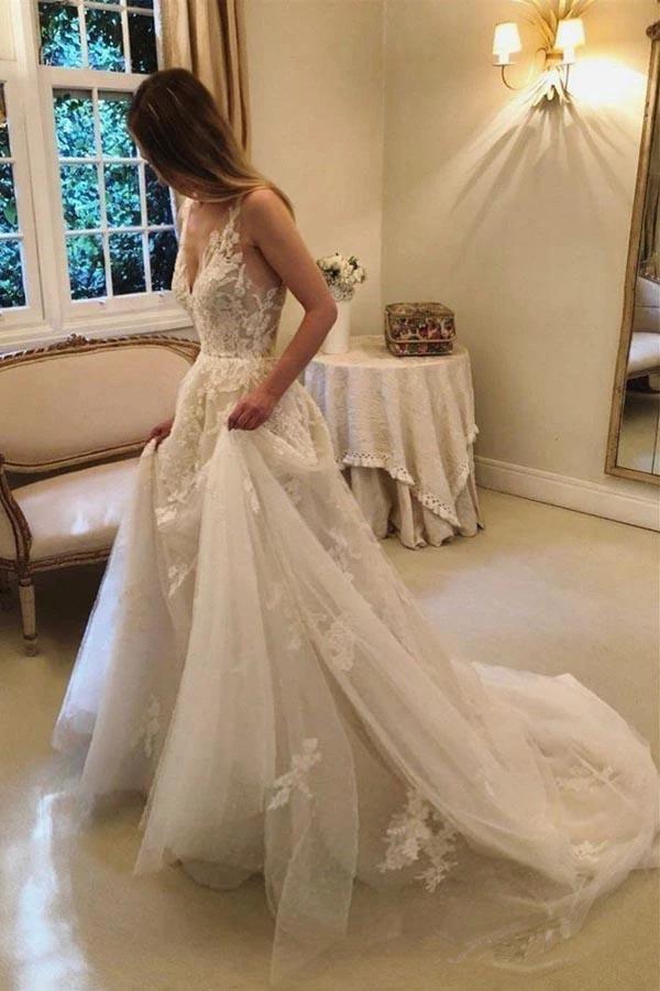 A-line Vintage Rustic Wedding Dresses V Neck Beaded Lace Bridal Gown (ZD16367)