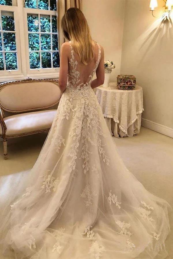 A-line Vintage Rustic Wedding Dresses V Neck Beaded Lace Bridal Gown (ZD16367)