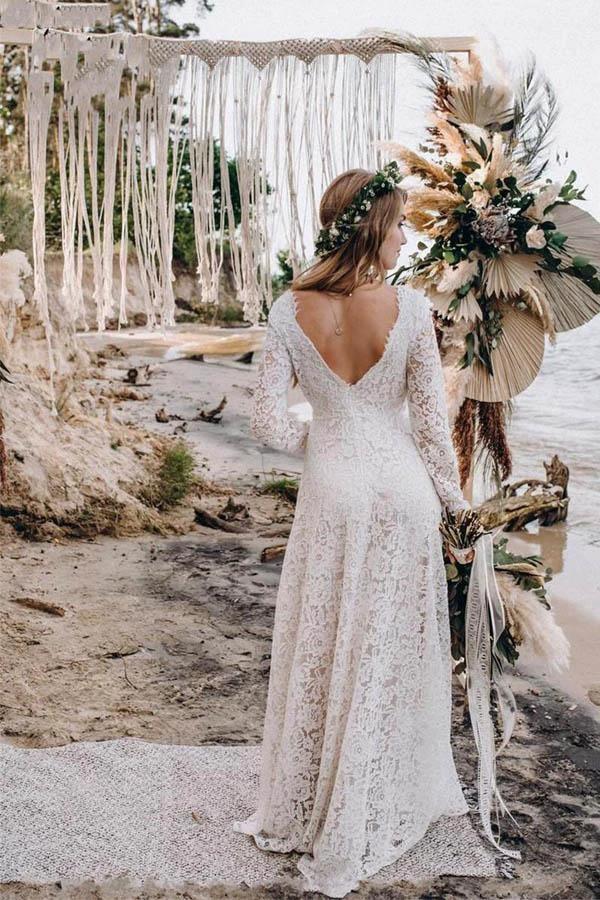 A-Line White Lace Floor-Length Wedding Dress With Long Sleeves (ZD16251)