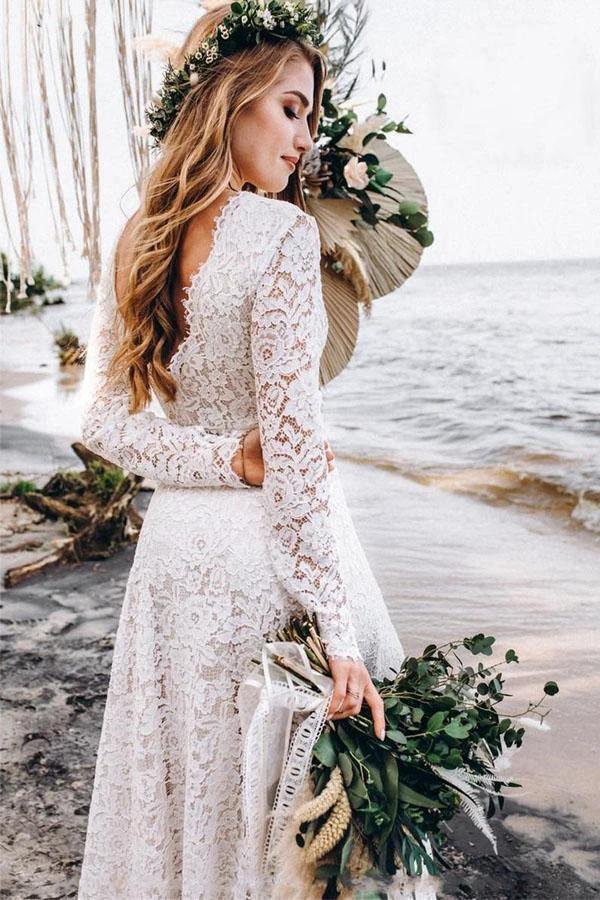 A-Line White Lace Floor-Length Wedding Dress With Long Sleeves (ZD16251)