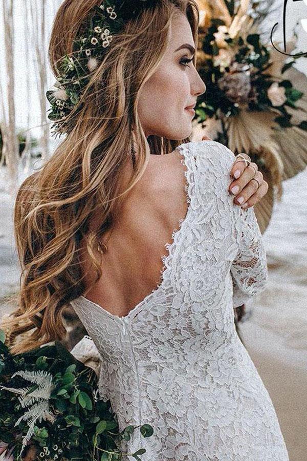 A-Line White Lace Floor-Length Wedding Dress With Long Sleeves (ZD16251)