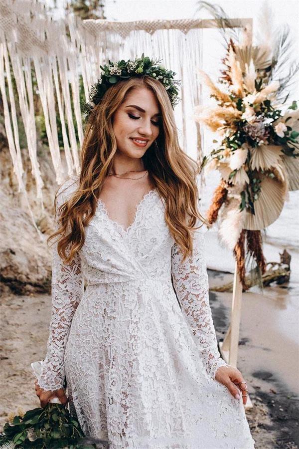 A-Line White Lace Floor-Length Wedding Dress With Long Sleeves (ZD16251)