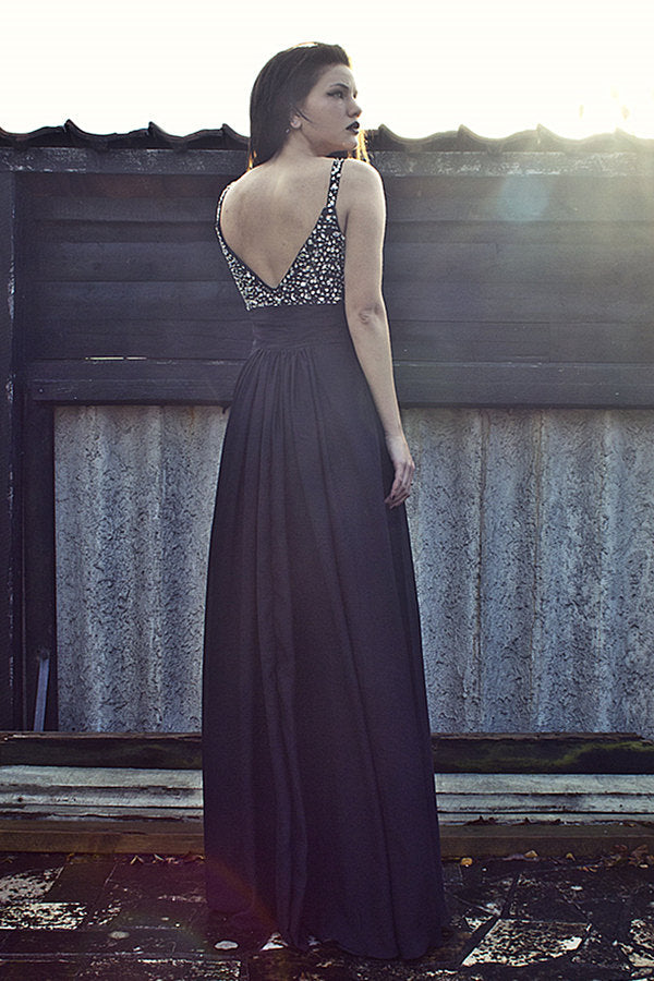 A-Line Wide Strap Floor-Length Chiffon Rhinestone Backless Prom Dress
