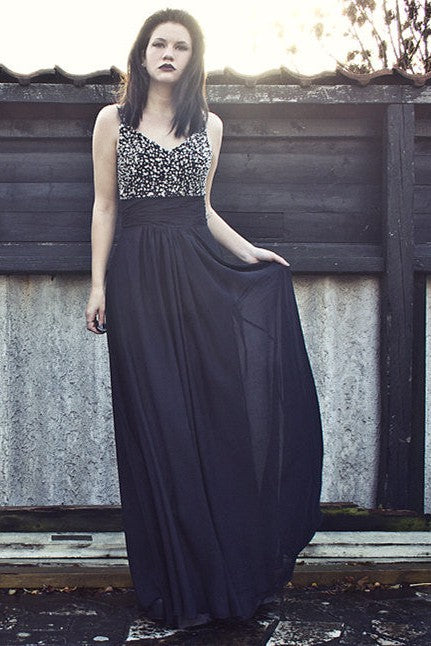 A-Line Wide Strap Floor-Length Chiffon Rhinestone Backless Prom Dress