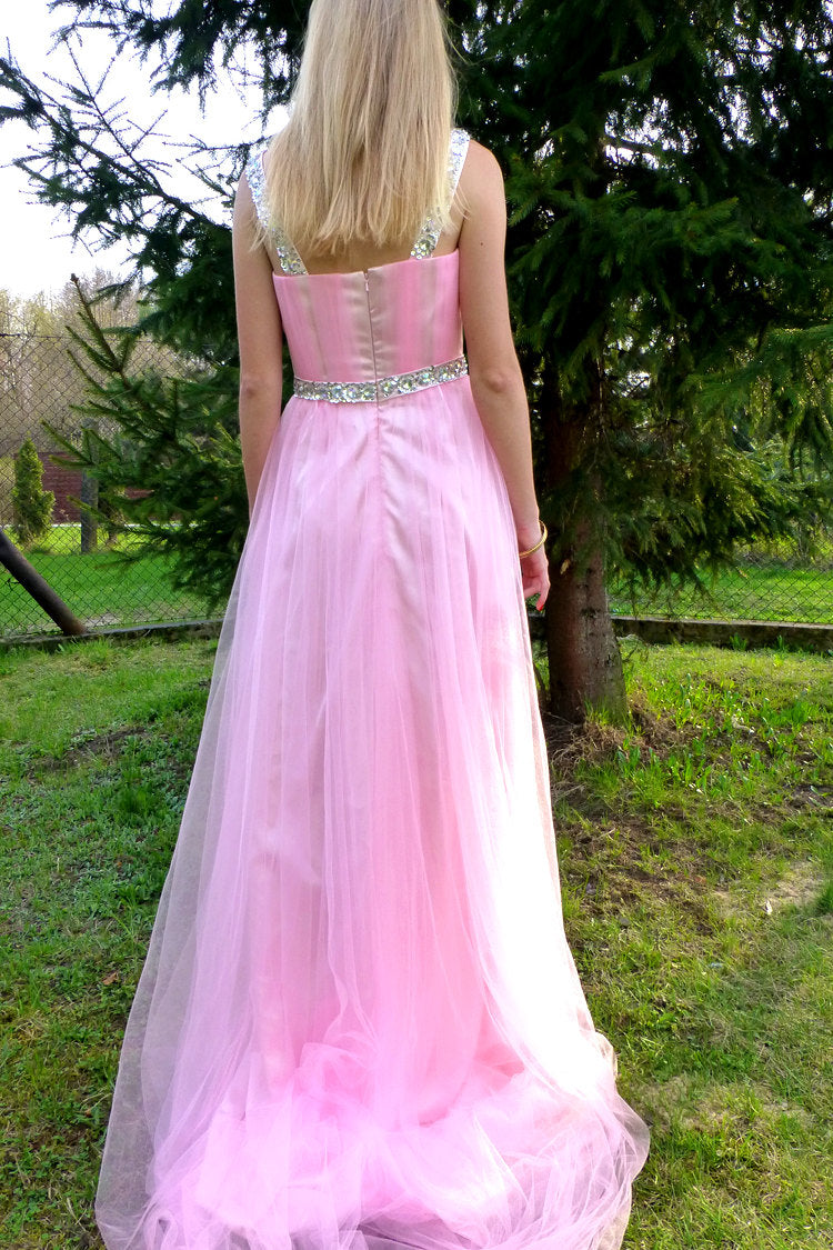 A-Line Wide Strap Floor-Length Chrmuse Tulle Rhinestone Prom Dress