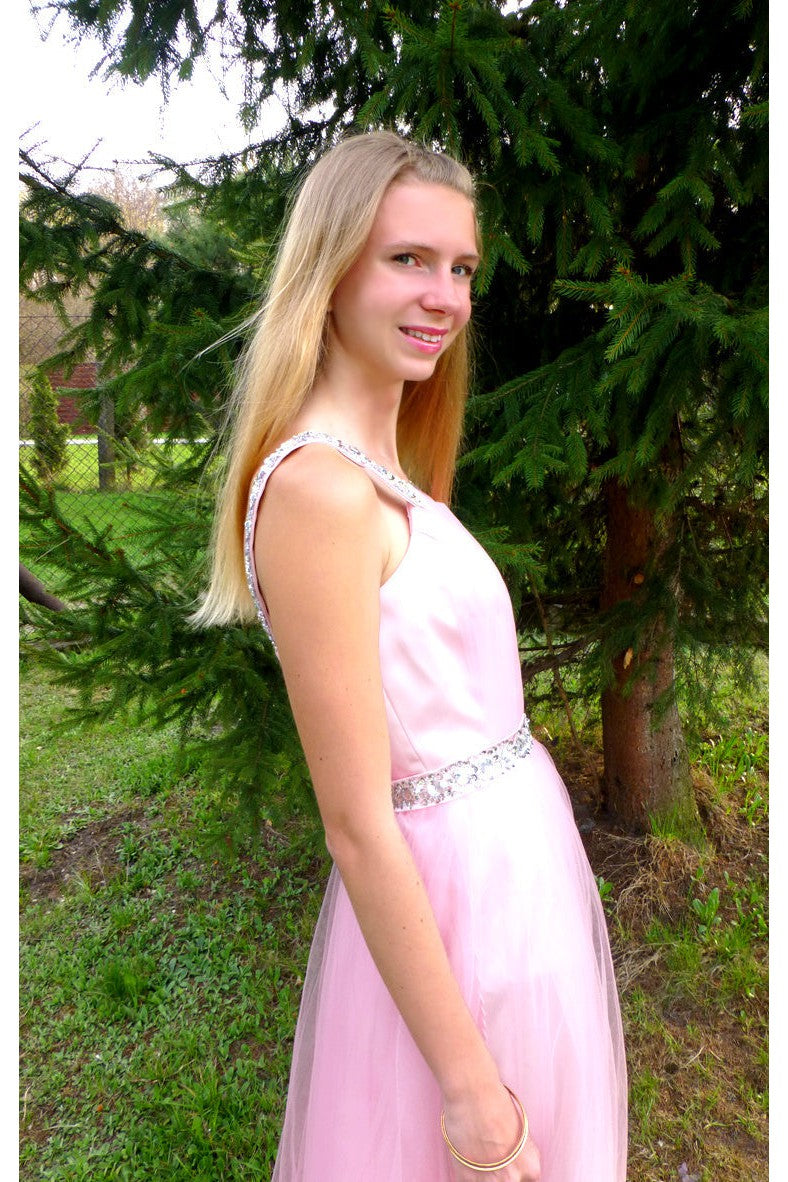 A-Line Wide Strap Floor-Length Chrmuse Tulle Rhinestone Prom Dress