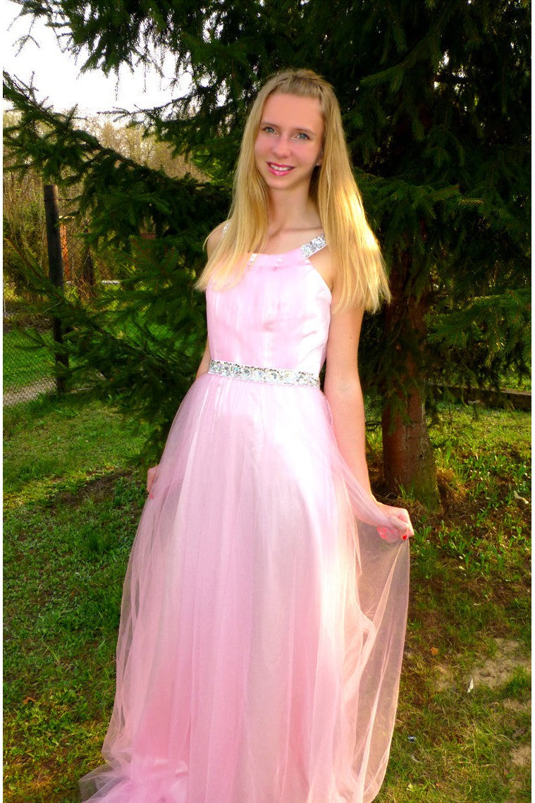 A-Line Wide Strap Floor-Length Chrmuse Tulle Rhinestone Prom Dress