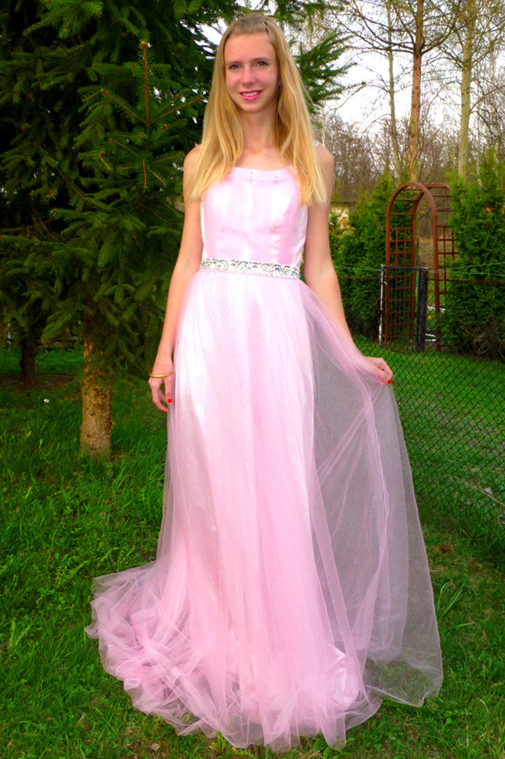 A-Line Wide Strap Floor-Length Chrmuse Tulle Rhinestone Prom Dress