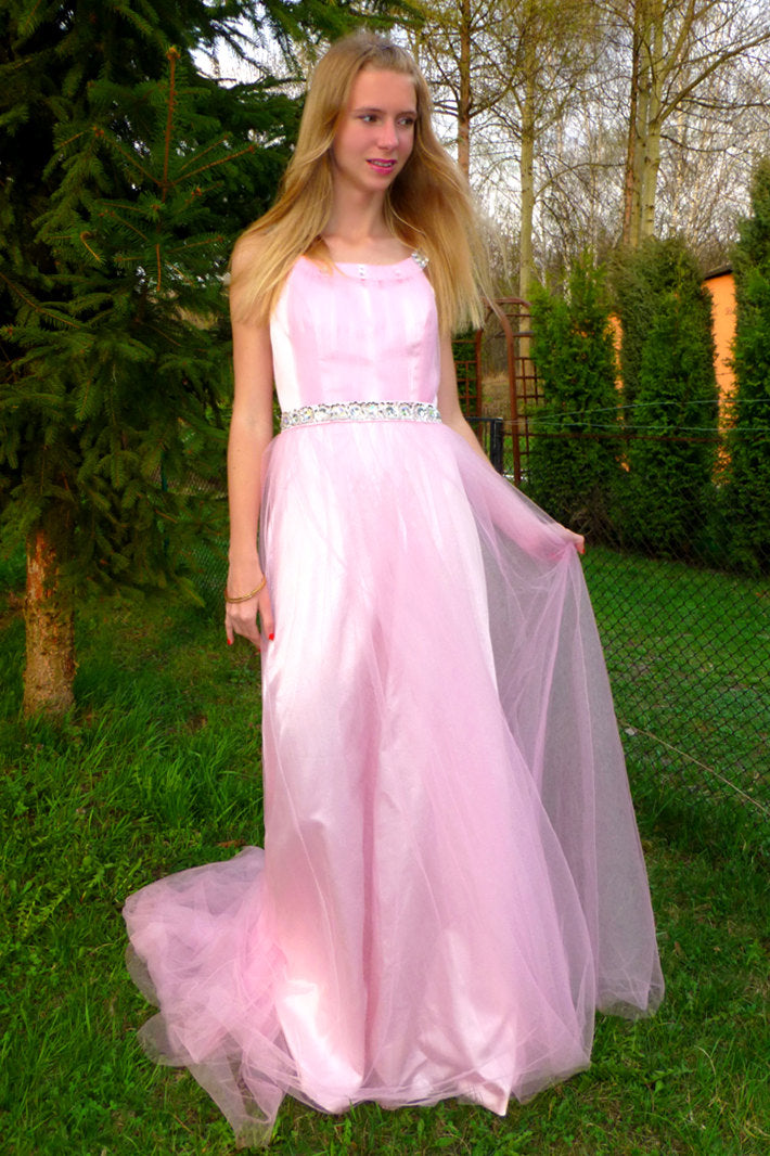A-Line Wide Strap Floor-Length Chrmuse Tulle Rhinestone Prom Dress