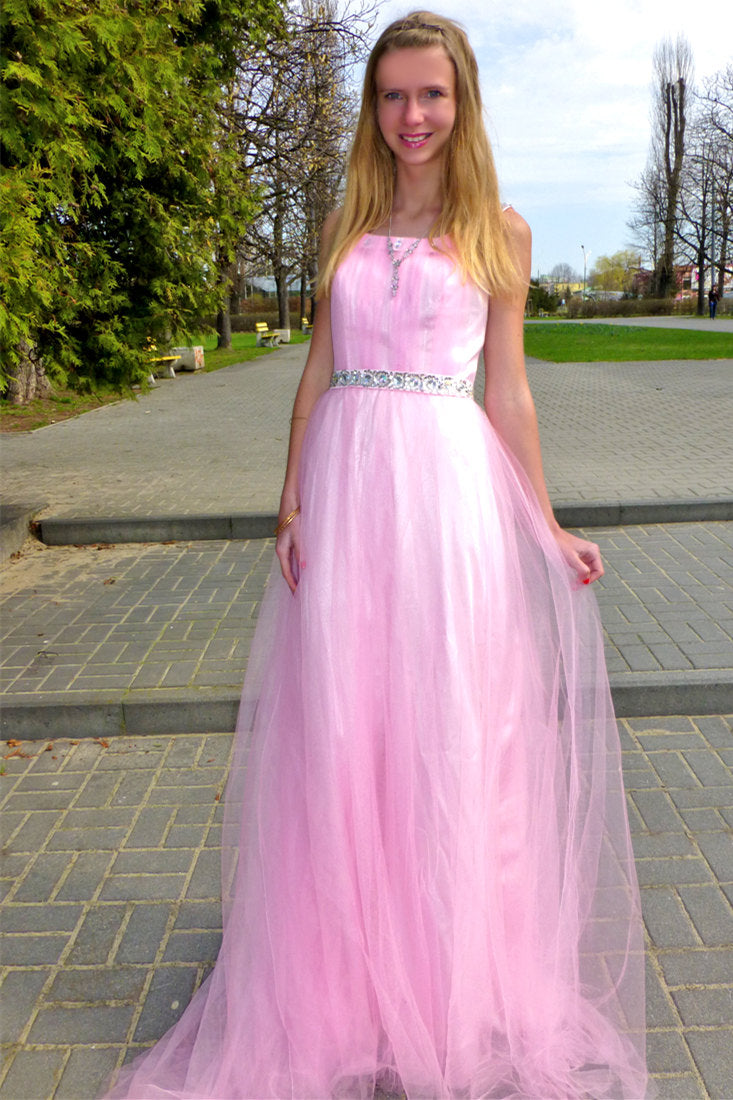 A-Line Wide Strap Floor-Length Chrmuse Tulle Rhinestone Prom Dress
