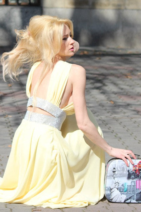 A-Line Wide Strap V-Neck Floor-Length Chiffon Paillette Backless Prom Dress