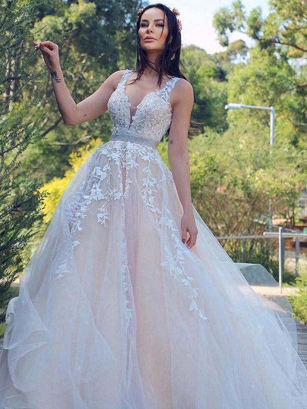 A-Line/Princess Applique Tulle Sleeveless V-neck Sweep Train Dresses (ZD16255)