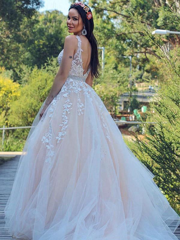 A-Line/Princess Applique Tulle Sleeveless V-neck Sweep Train Dresses (ZD16255)