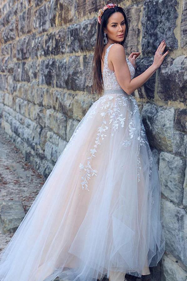 A-Line/Princess Applique Tulle Sleeveless V-neck Sweep Train Dresses (ZD16255)