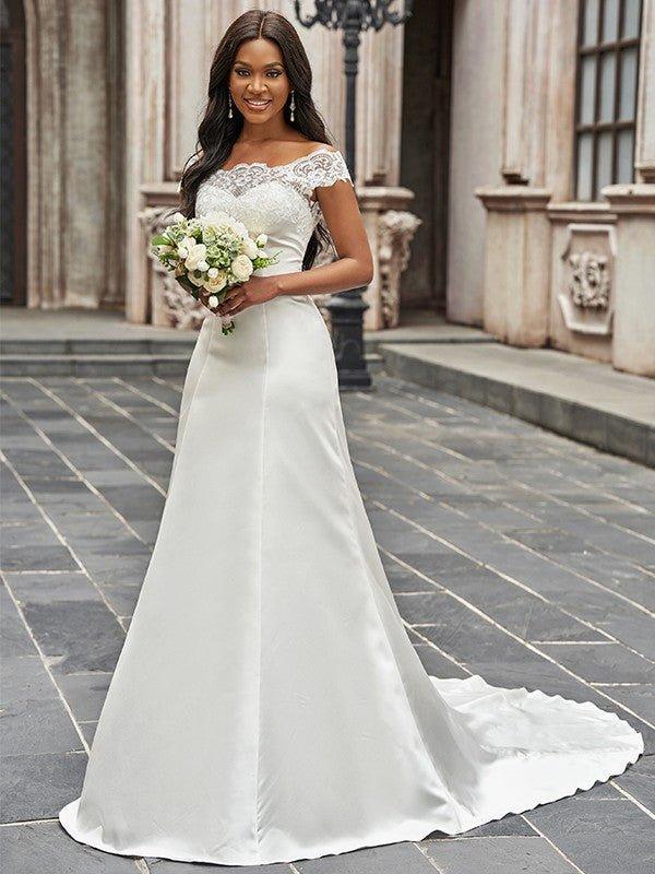A-Line/Princess Scoop Satin Lace Sleeveless Chapel Train Wedding Dresses - View 2 | VelvetHem