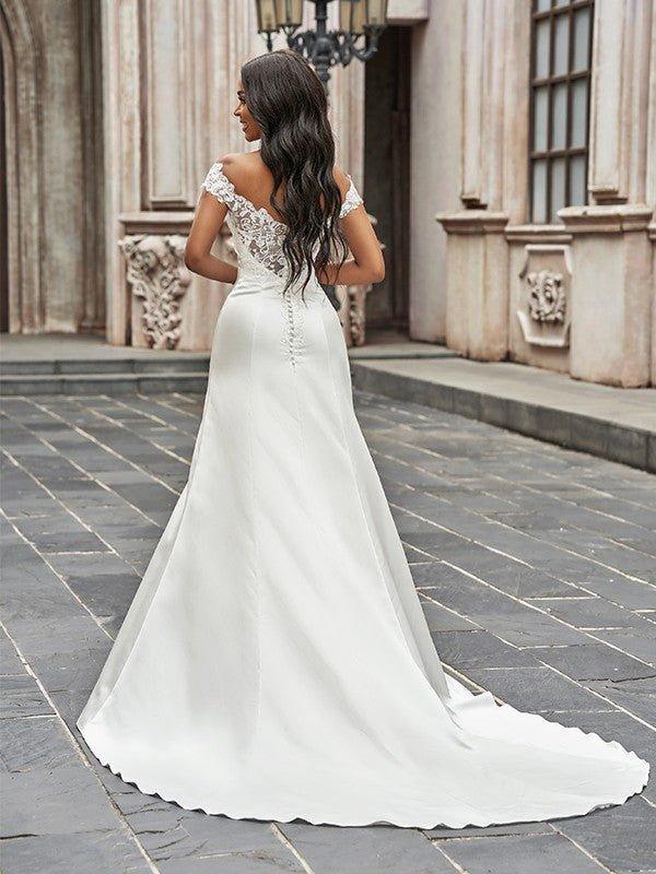A-Line/Princess Scoop Satin Lace Sleeveless Chapel Train Wedding Dresses - View 3 | VelvetHem