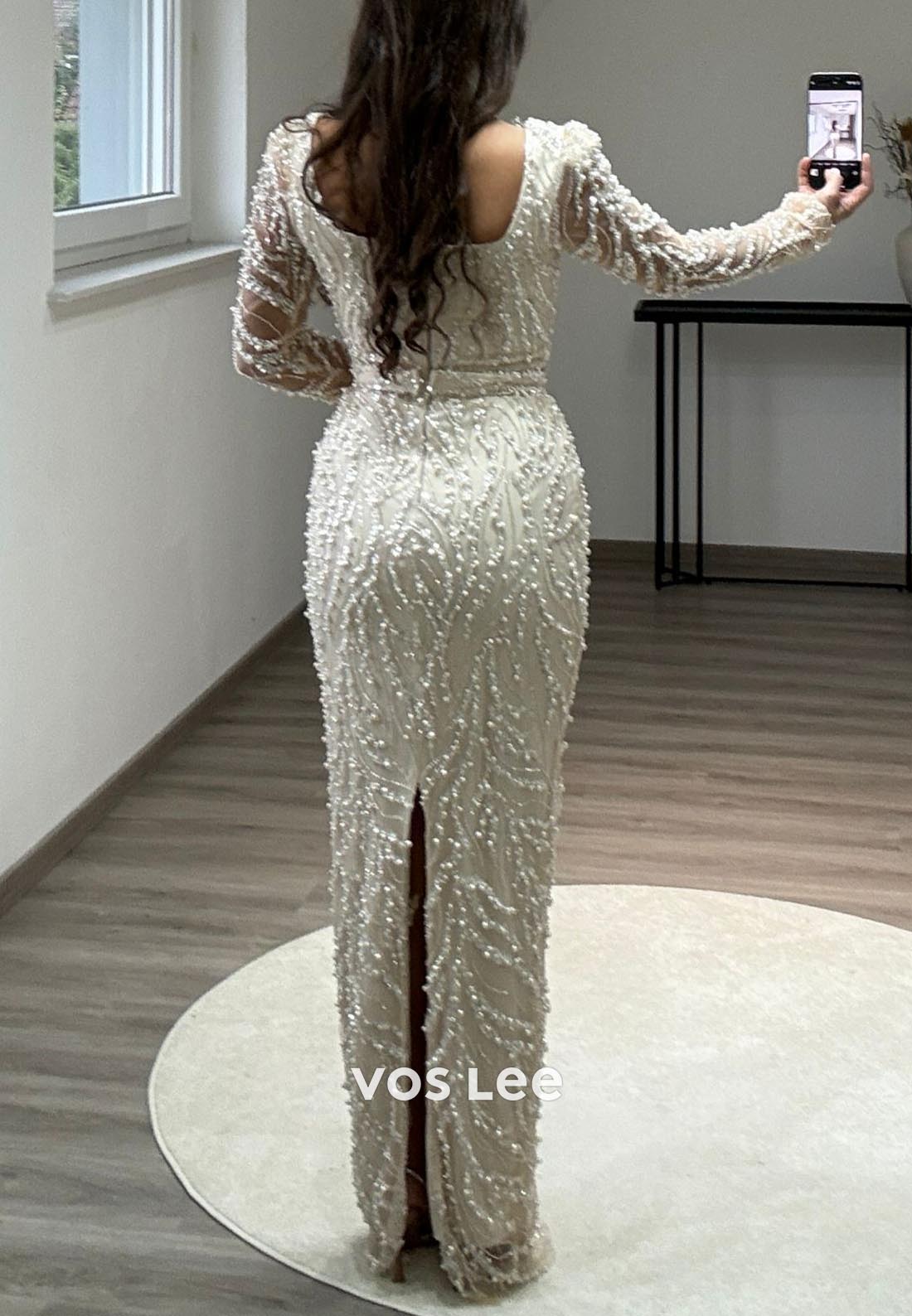 Column Floor-Length Square Long Sleeve Beading Glitter Split Formal Evening Dresses