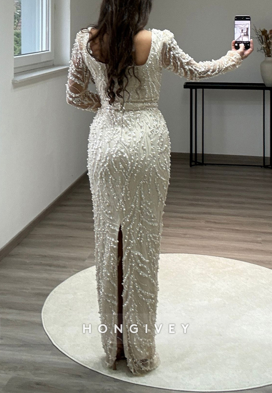 Column Floor-Length Square Long Sleeve Beading Glitter Split Formal Evening Dresses