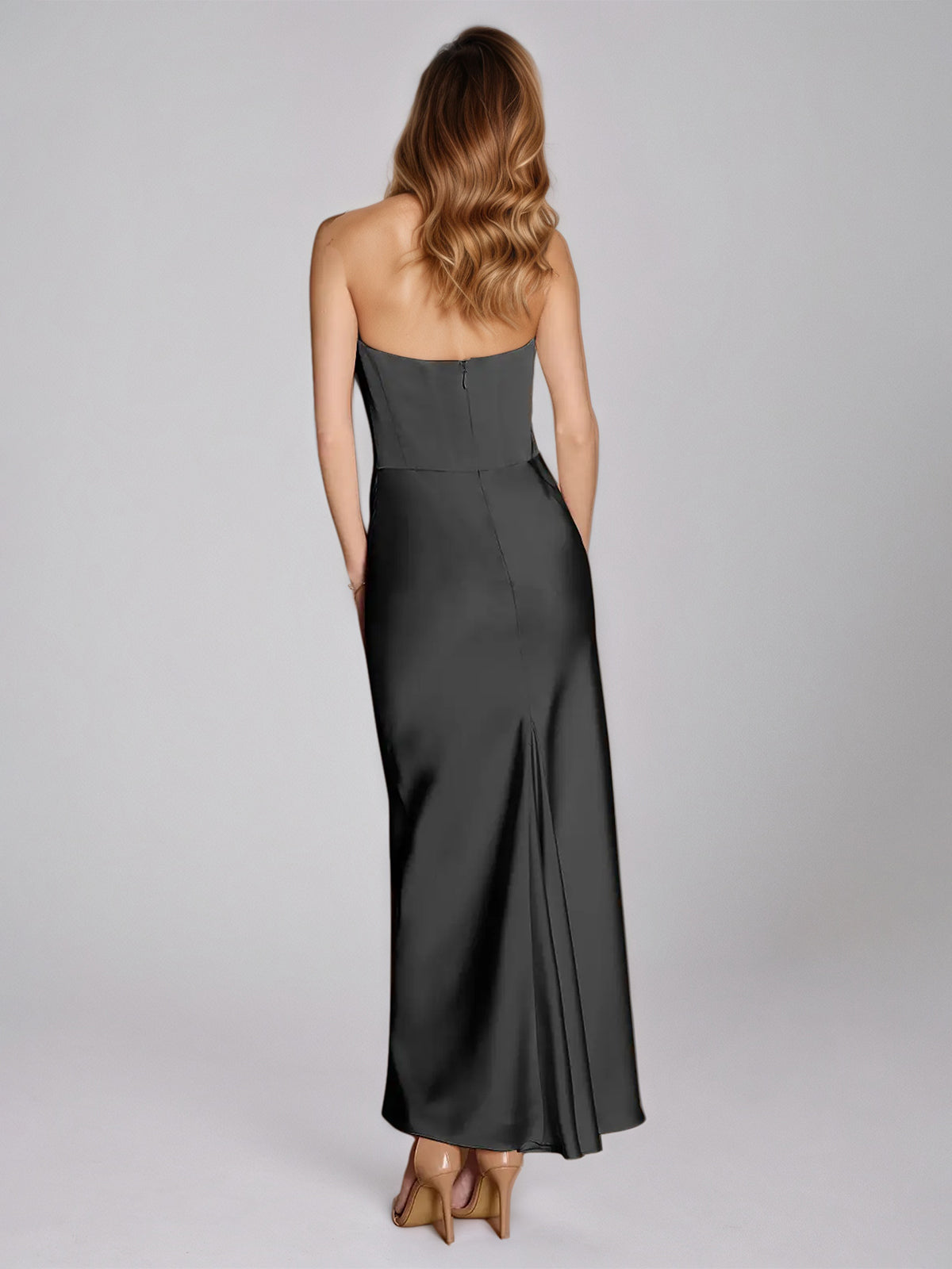 Black Satin Sheath/Column Off-the-Shoulder Sleeveless Floor-Length Dress - View 2 | FashionDia