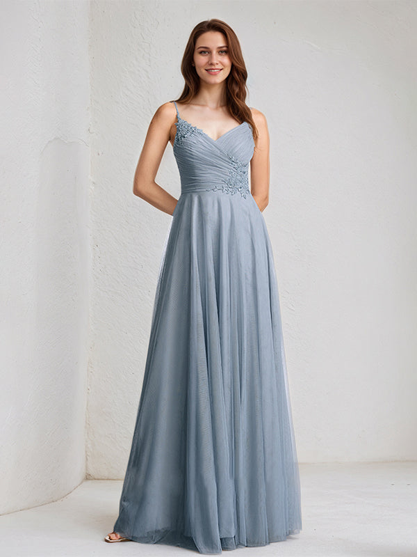 Dusty Blue A-Line V-Neck Floor-Length Lace Tulle Bridesmaid Dress