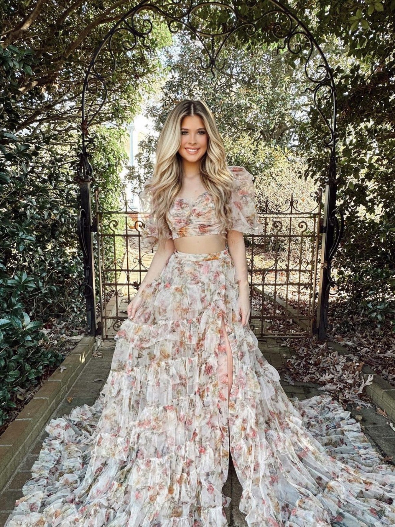 A Line Floral Two Pieces Set Tulle Long Prom Dress - Fashionpara