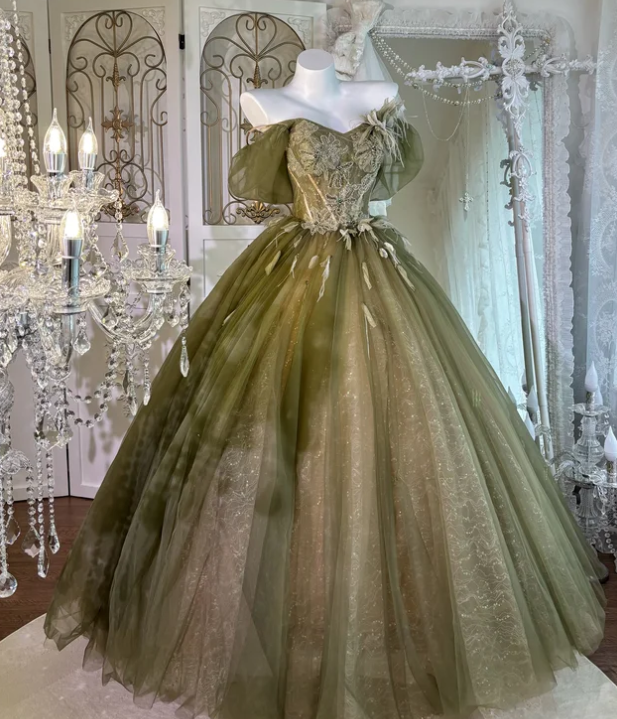 Off-the-Shoulder A-Line Green Tulle Prom Party Dress Evening Dress Birthday Dress - FashionDia