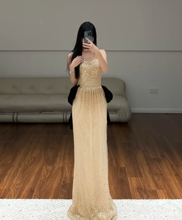Gold Sequin Prom Party Dress Birthday Outfit Shiny Evening Dress - FashionDia