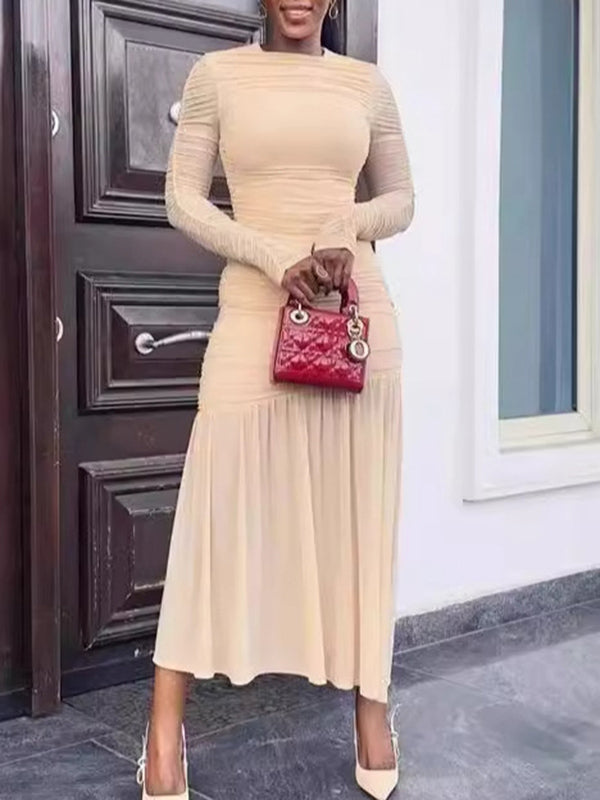 Long Sleeves Skinny Pleated See-Through Solid Color Split-Joint Round-Neck Evening Dresses Maxi Dresses - View 8 | VelvetHem