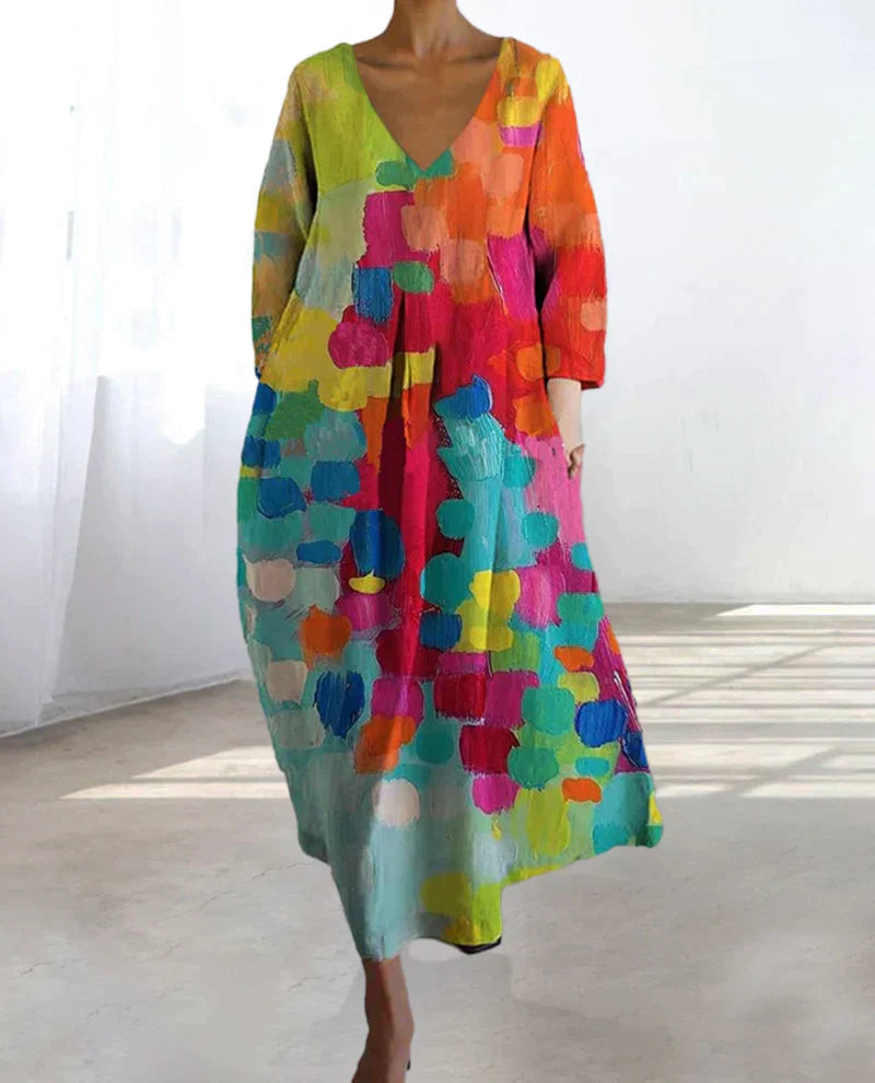 Luciana Exclusive Colorful Printed V Neck Dress Chic Silhouette Collection