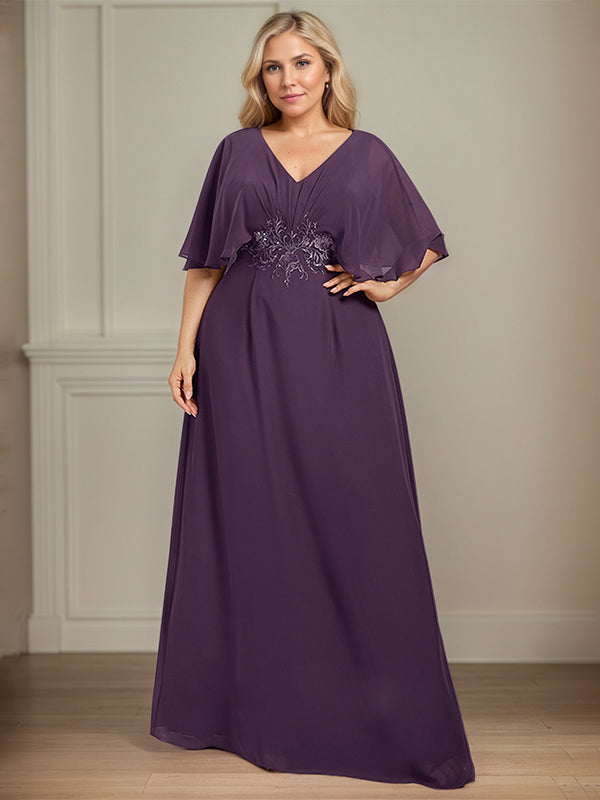 A-Line V-Neck Floor-Length Chiffon Mother of the Bride Dress With Appliques Pleated - View 8 | FashionDia