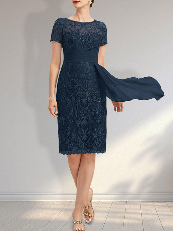 Sheath Scoop Illusion Knee-Length Lace Chiffon Mother of the Bride Dress With Cascading Ruffles Sequins