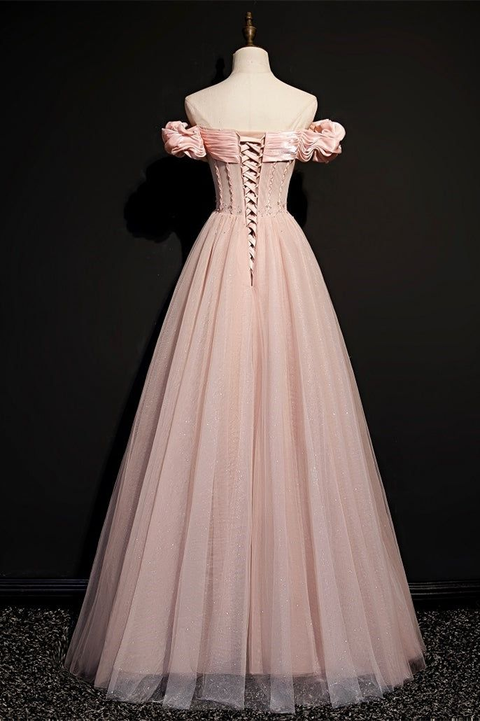 Lovely Pink Off-the-Shoulder Tulle Beading Prom Dress A-Line Party Evening Dress - View 4 | FashionDia