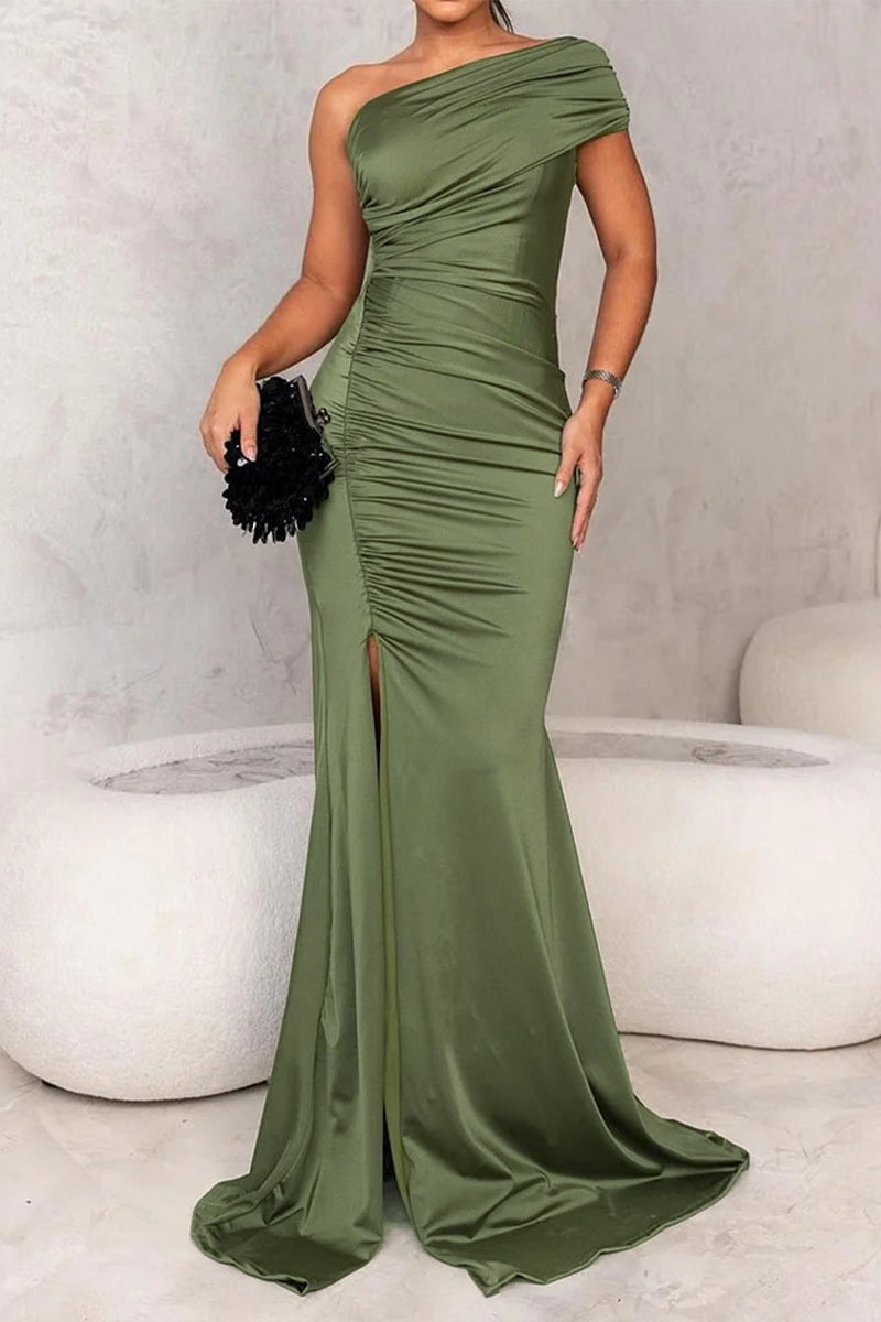 Sexy Prom Solid Color Slit Ruched Sloping Shoulder Evening Dresses - VelvetHem