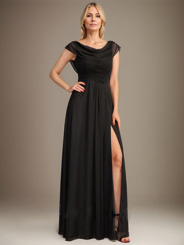 A-line Scoop Floor-Length Chiffon Mother of the Bride Dress With Pleated Beading - View 6 | FashionDia