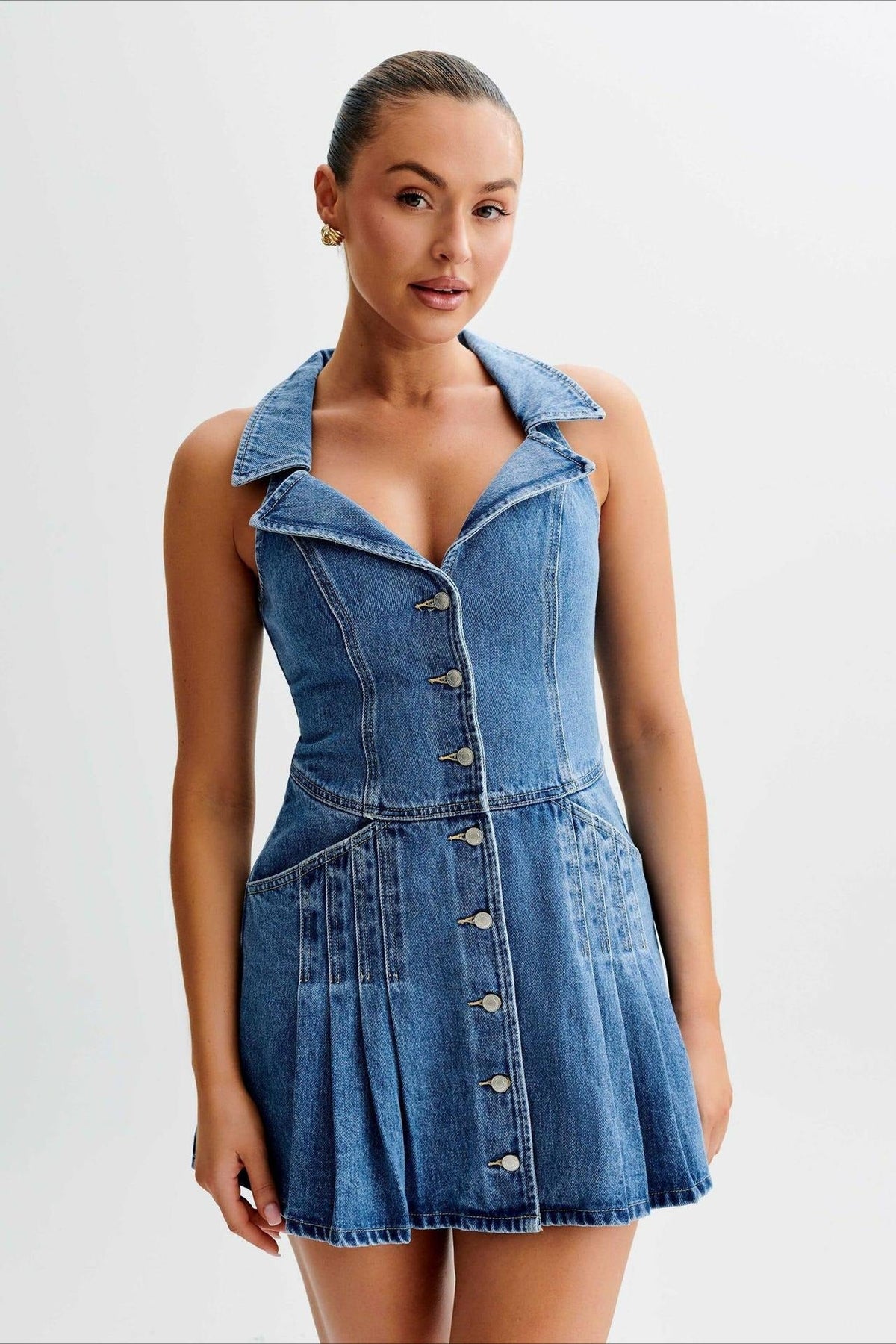 Sleeveless Halter Denim Dress - VelvetHem