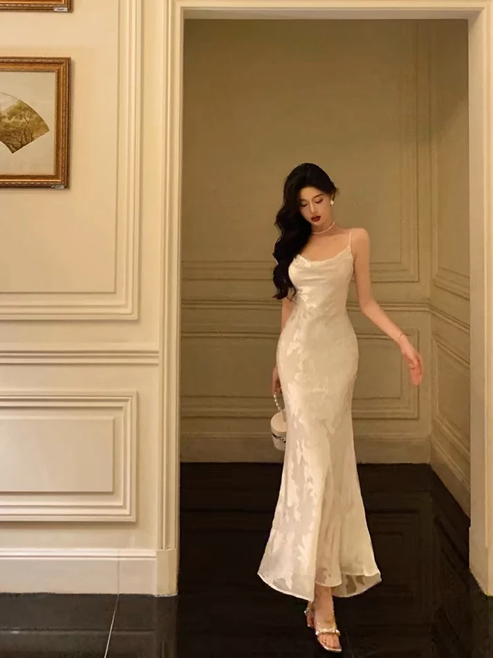 Elegant Mermaid Floral Ivory Satin Prom Dress Spaghetti Straps Party Gown Birthday Outfit - View 3 | FashionDia