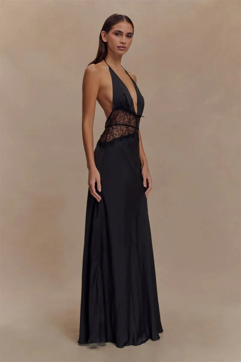 Lace Patchwork Backless Dress with Relaxed Fit and Streetwear Style