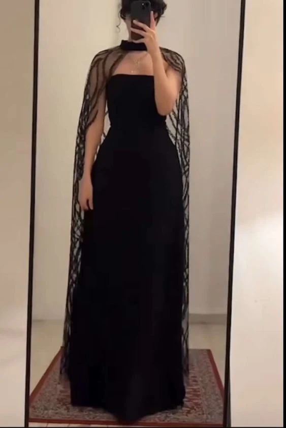 A Line Strapless Black Tulle Long Prom Dresses With Cape Evening Dress